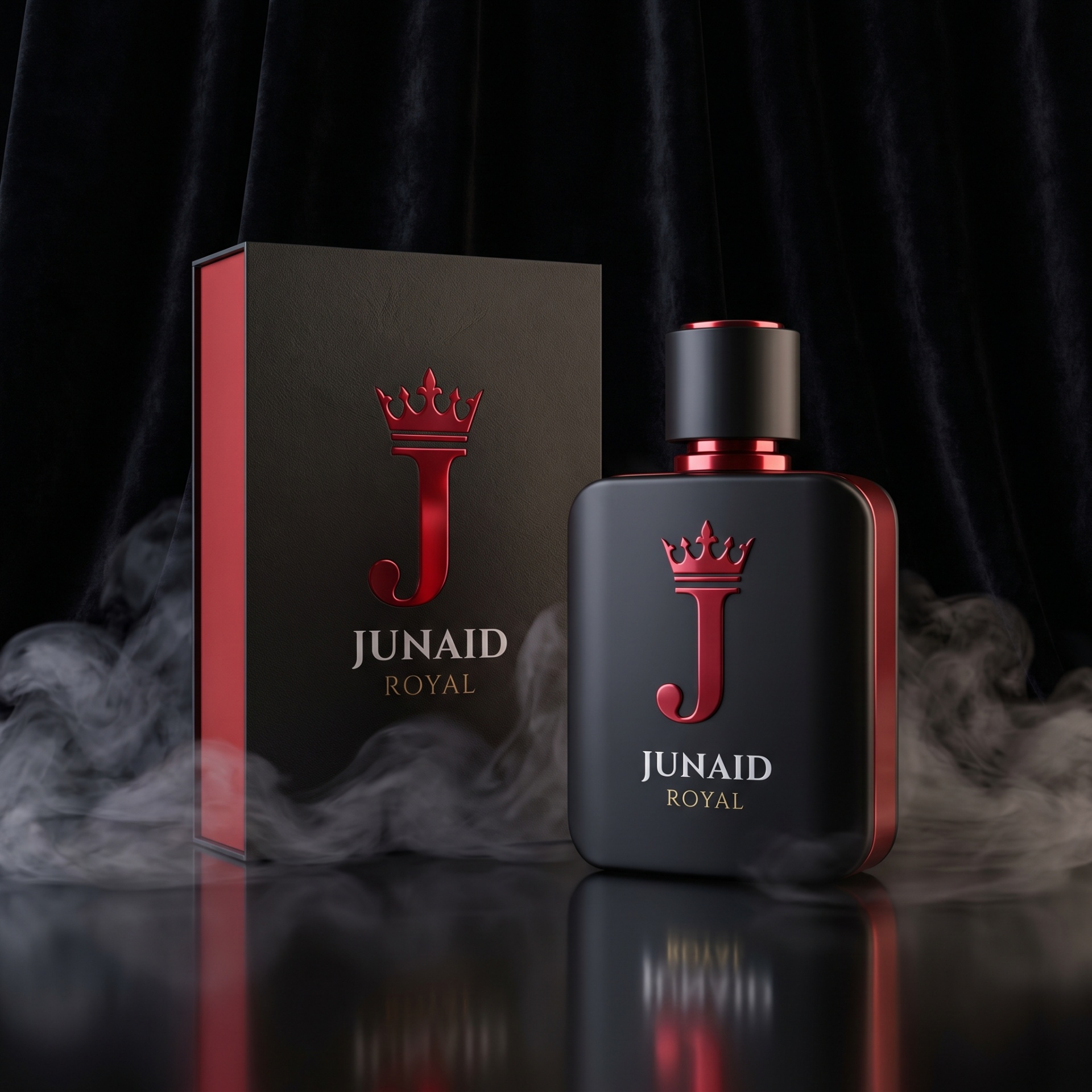 JUNAID ROYAL luxury perfume bottle with red crown emblem and matching gift box